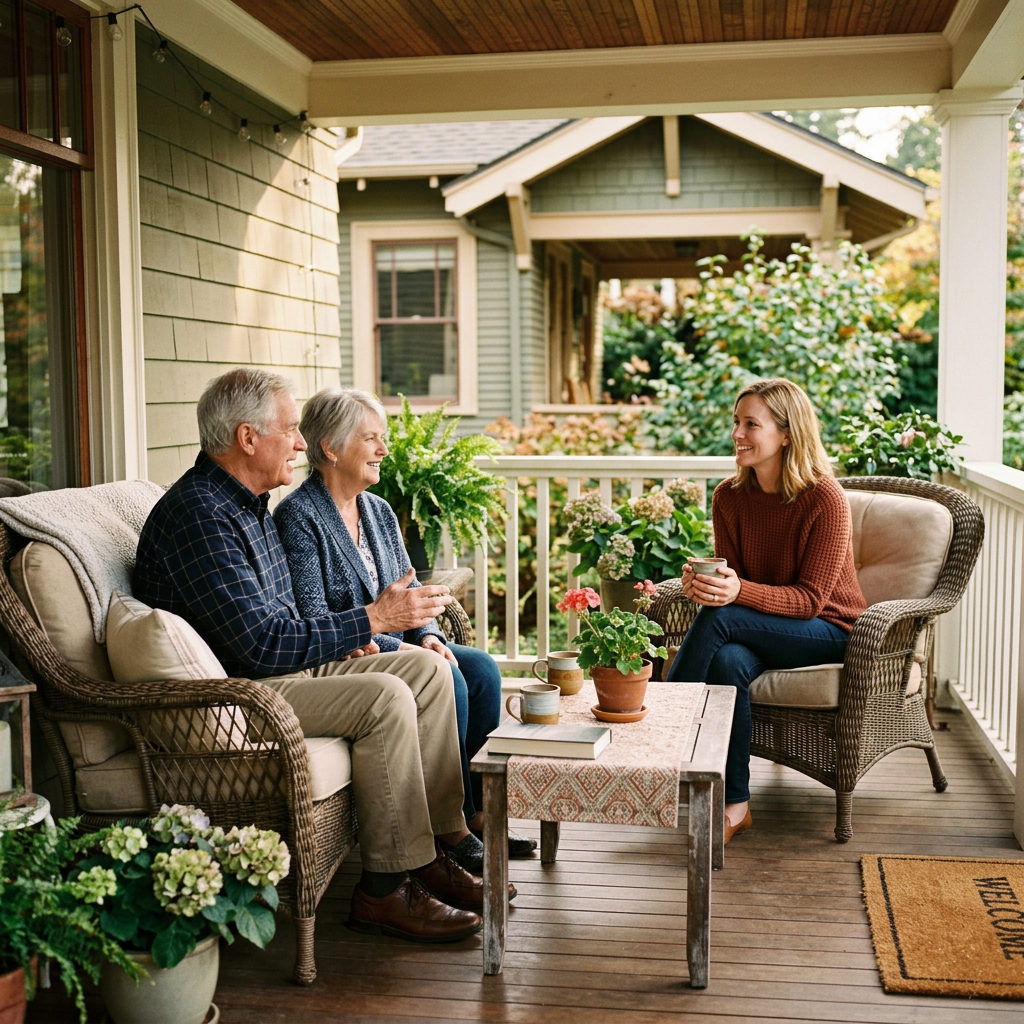 Older couple and woman talking over coffee on a porch